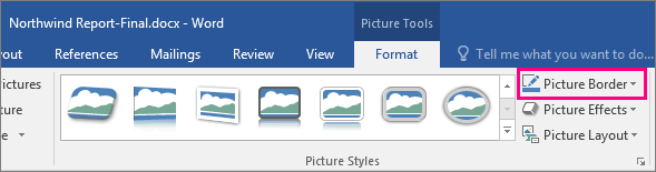 The Picture Border option is highlighted on the Pictures Tools Format tab.