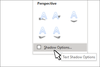 WordArt Styles Shadow Options selected