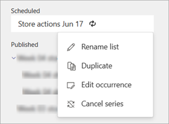 Screenshot showing options on the More actions menu for scheduled recurring task list.