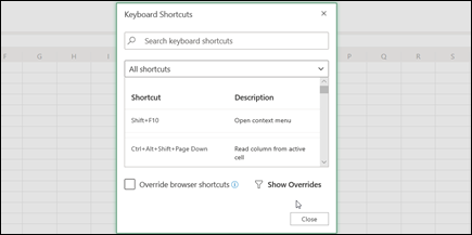 Keyboard Shortcuts dialog box in Excel for the web