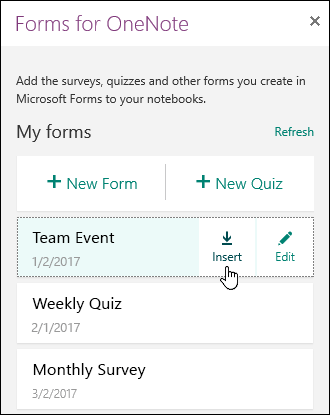 List of forms in the Forms for OneNote for the web panel