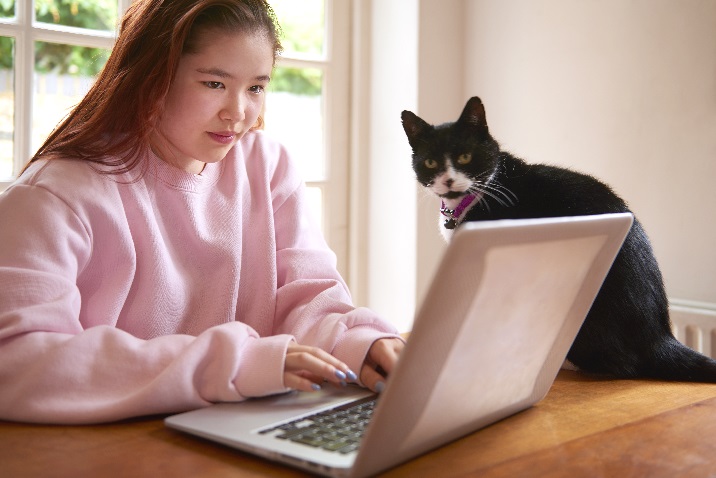 photo of a woman at a laptop with her cat.