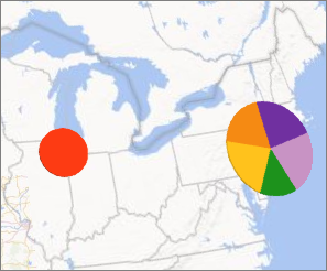 Bubble chart showing a pie chart for New York City and a bubble for Chicago