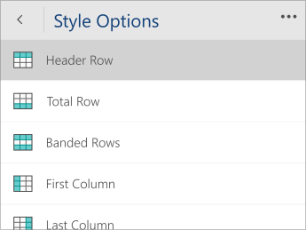 Screenshot of the Style Options menu with the Header Row option selected.