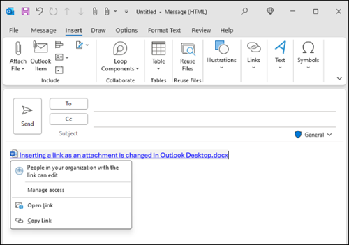 Insert link new experience in Outlook