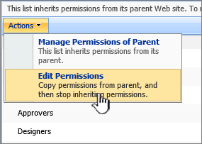 Edit permissions option from Actions menu