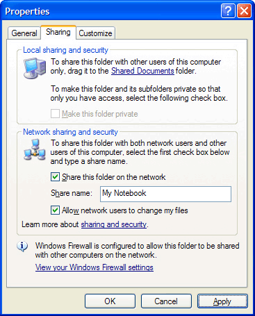 Folder properties dialog box on a Windows XP home network