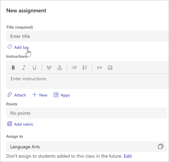 Add tag button appears beneath the title of the assignment