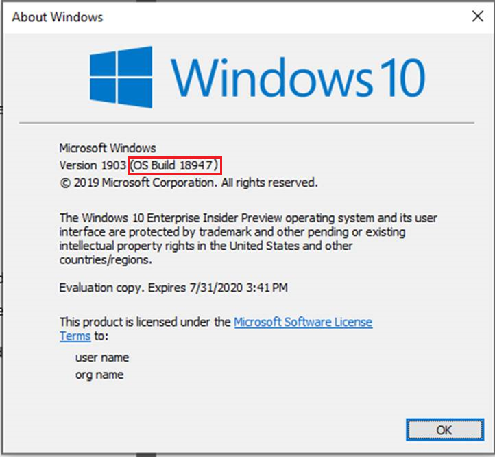 About Windows shows OS Build 18947