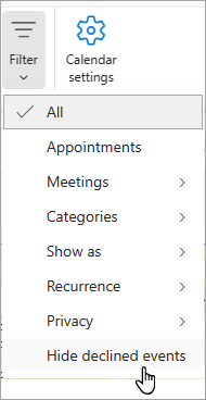 Screenshot of Filter in Calendar showing Hide declined events from the dropdown