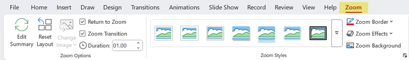 The Zoom tab on the ribbon in PowerPoint.