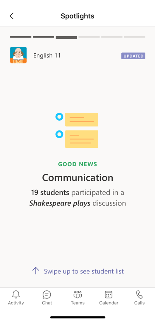 A Communication data spotlight from Insights in mobile view shows a teacher that 19 students participated in a Shakespeare discussion.
