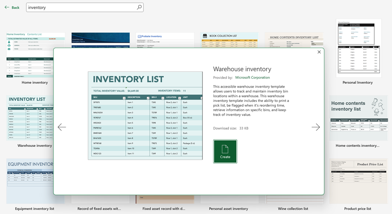 Preview of the Warehouse inventory template in Microsoft Excel