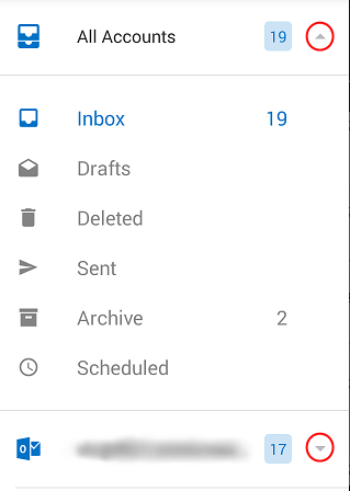 Shows Outlook folders, with drop-down arrows circled on the right side of the screen.