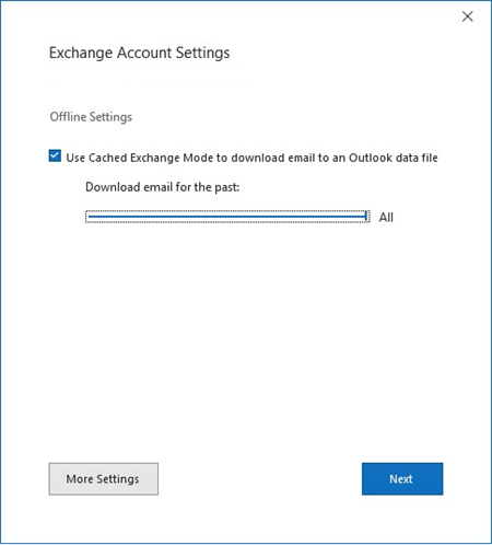 Exchange Account Settings window with Cached Mode Sync Slider, Download email for the past set to All