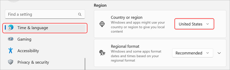 Regional settings on a Windows device.