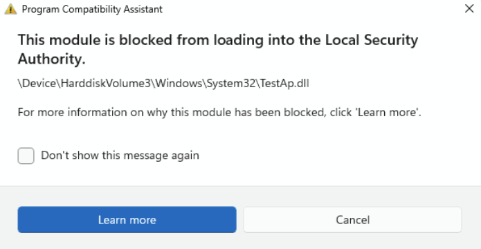 Alert launched when LSA protection blocks loading of a file.