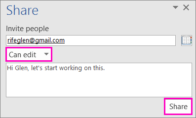 Can edit and Share options are highlighted in the Share dialog box