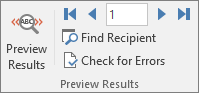 In Word, on the Mailings tab, the Preview Results group.