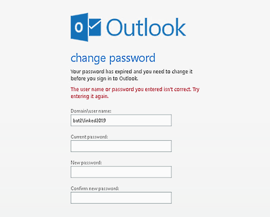 Screenshot of Outlook on the web change password window after trying to change password.