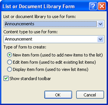 List or Document Library Form dialog box