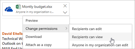 A screenshot of the option for Recipients can view in the Change permissions menu