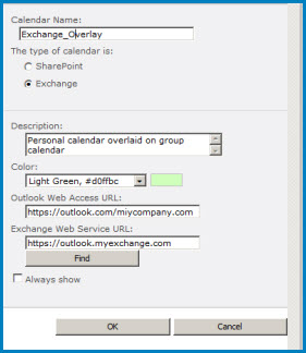Screenshot of the Calendar Overlay dialog box in SharePoint. The dialog box shows the Calendar name, calendar type (Exchange), and gives the URLs for Outlook Web Access and Exchange Web Access.