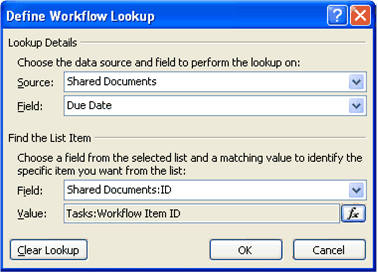 Define Workflow Lookup dialog box with all selections made