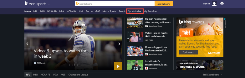 Screenshot of Sports Index button