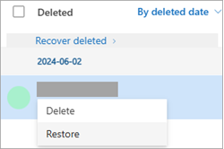 Screenshot of deleted contact and selecting Restore from the dropdown