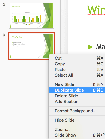 Screenshot shows a slide selected and the Duplicate Slide option selected in the right-click menu.