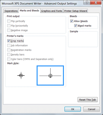 Marks and bleeds dialog in Publisher 2010