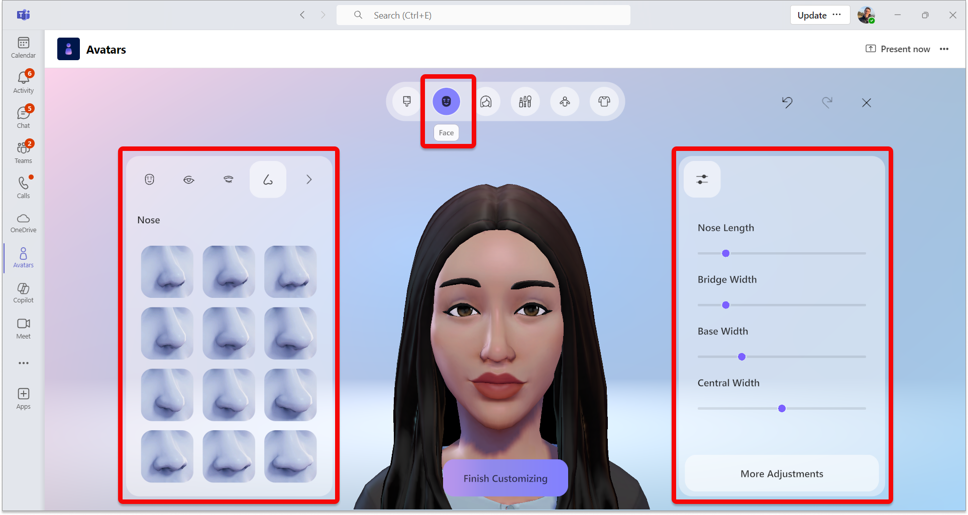 Screenshot of Avatars app in Teams showing the Face category selected and the nose adjustment with the refinement window highlighted.