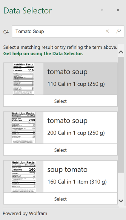 Screenshot der Datenauswahl mit mehreren Ergebnissen für „Tomatensuppe