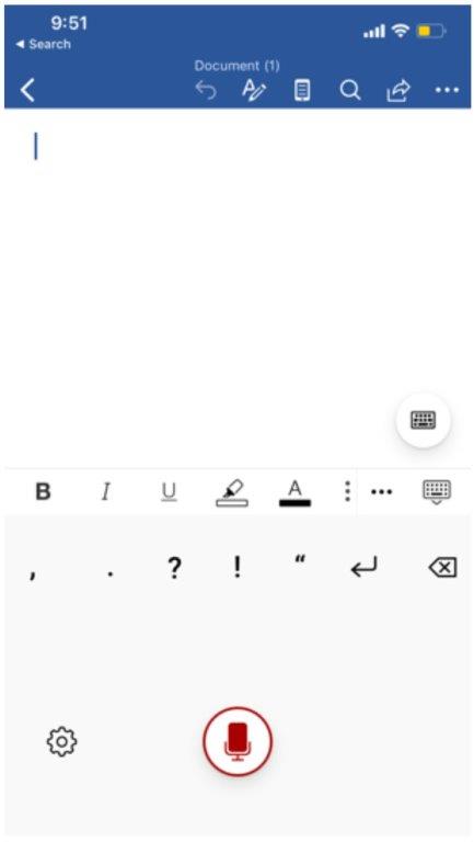 Word document with microphone button at the bottom of the screen