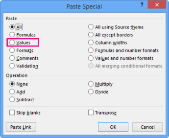Values option in the Paste Special dialog box
