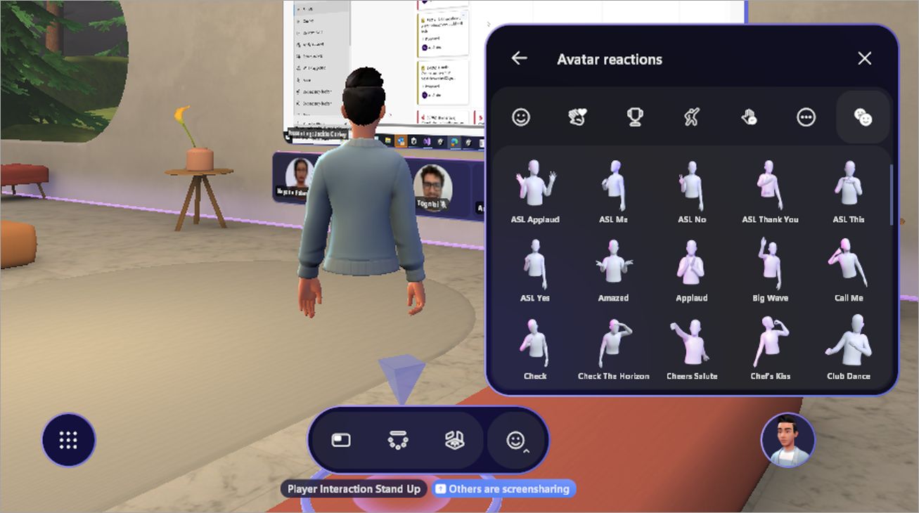 The image shows a virtual room with a person interacting with an avatar menu on the right side of the screen, which lists 16 different avatar actions.
