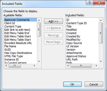 Included Fields dialog box
