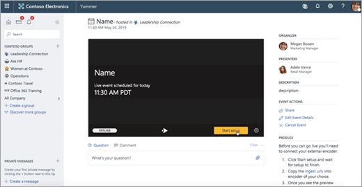Yammer live event initial setup screen
