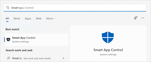 The Windows search box with Smart App Control entered and the Smart App Control settings as the top result.