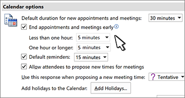Calendar options dialog box with End appointments and meetings early check box selected