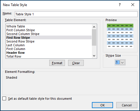 New Table Style dialog options for applying custom styles to a table