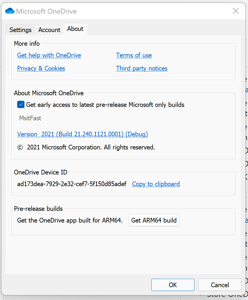 Screenshot of OneDrive settings on a Windows machine.