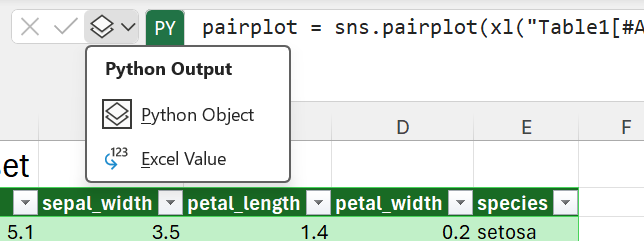 Use the Python output menu next to the Formula Bar to change the output type.