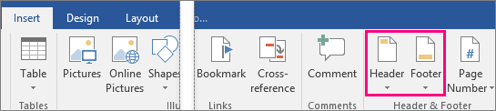 The Header and Footer options are highlighted on the Insert tab.
