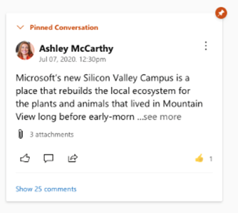 Screenshot showing a pinned post in Yammer