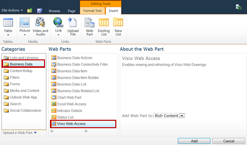 Adding a Visio Web Access Web Part to a SharePoint site
