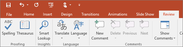 Shows the review tab on the ribbon in PowerPoint
