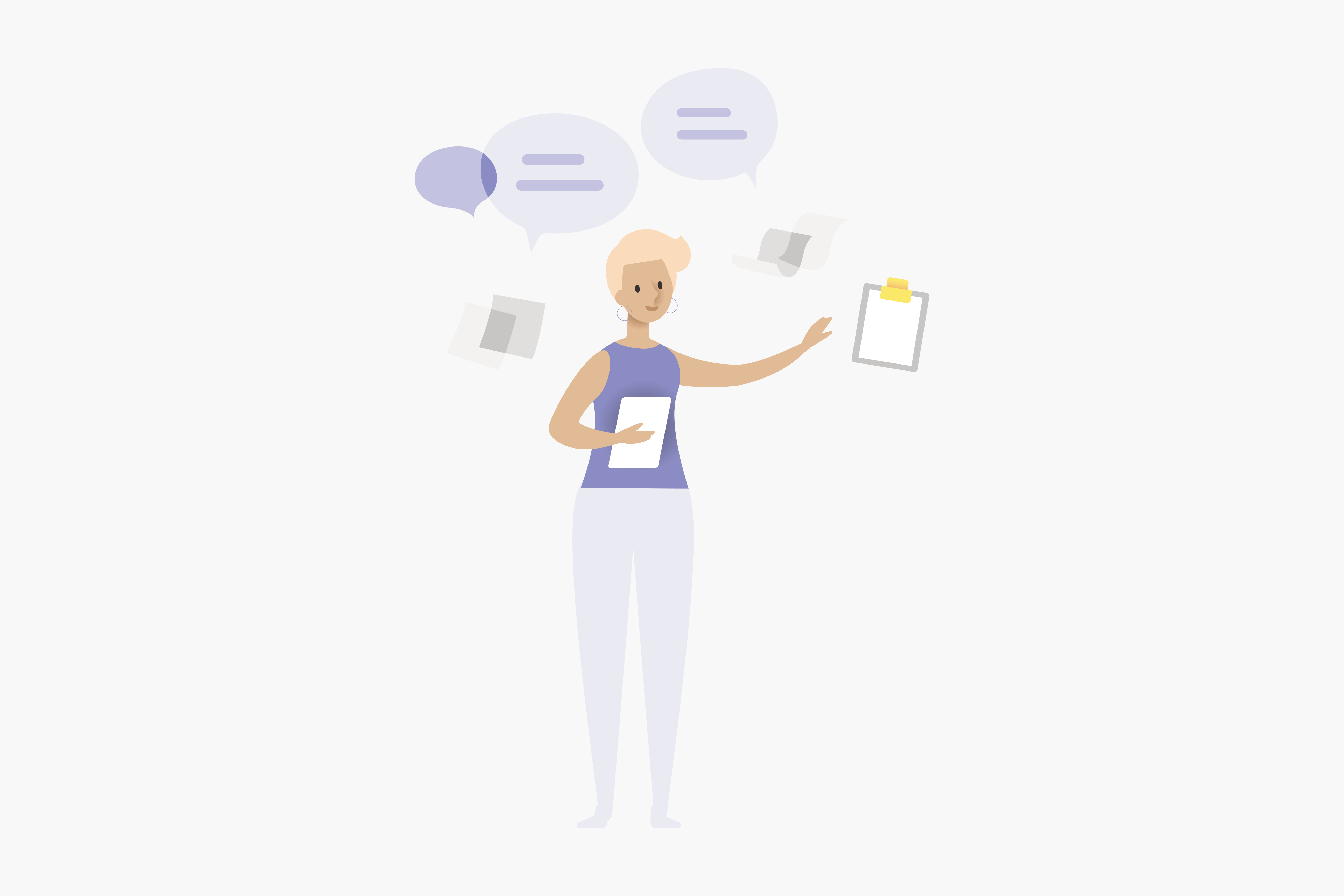 Illustration of a person with a clipboard and speech-bubble with no text.