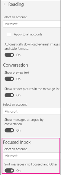Turn focused inbox on or off with the slider under Sort Messages into Focused and Other